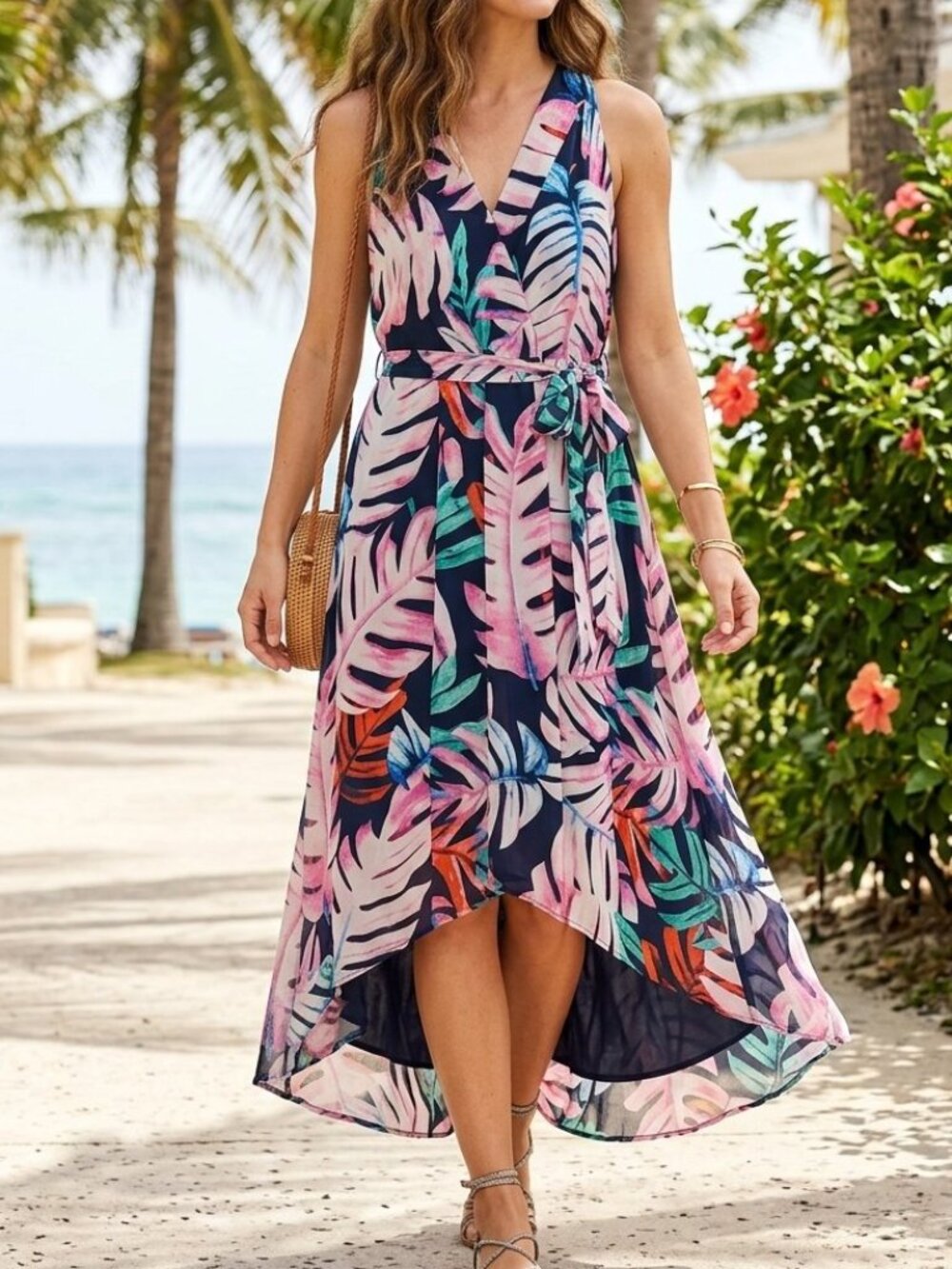 Simply Emma tropical leaf print high-low maxi dress - size 18W